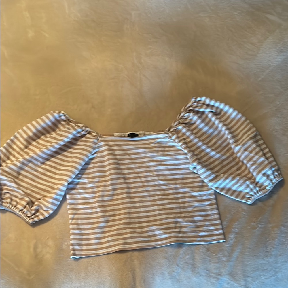 Ann Taylor Cream and White Puff Sleeve Blouse